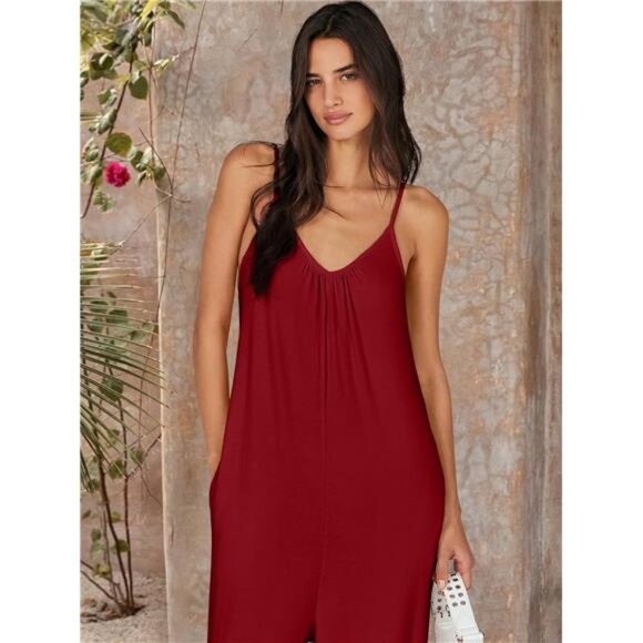Women Summer Casual Boho Wide Leg Jumpsuits Burgundy - Picture 6 of 6